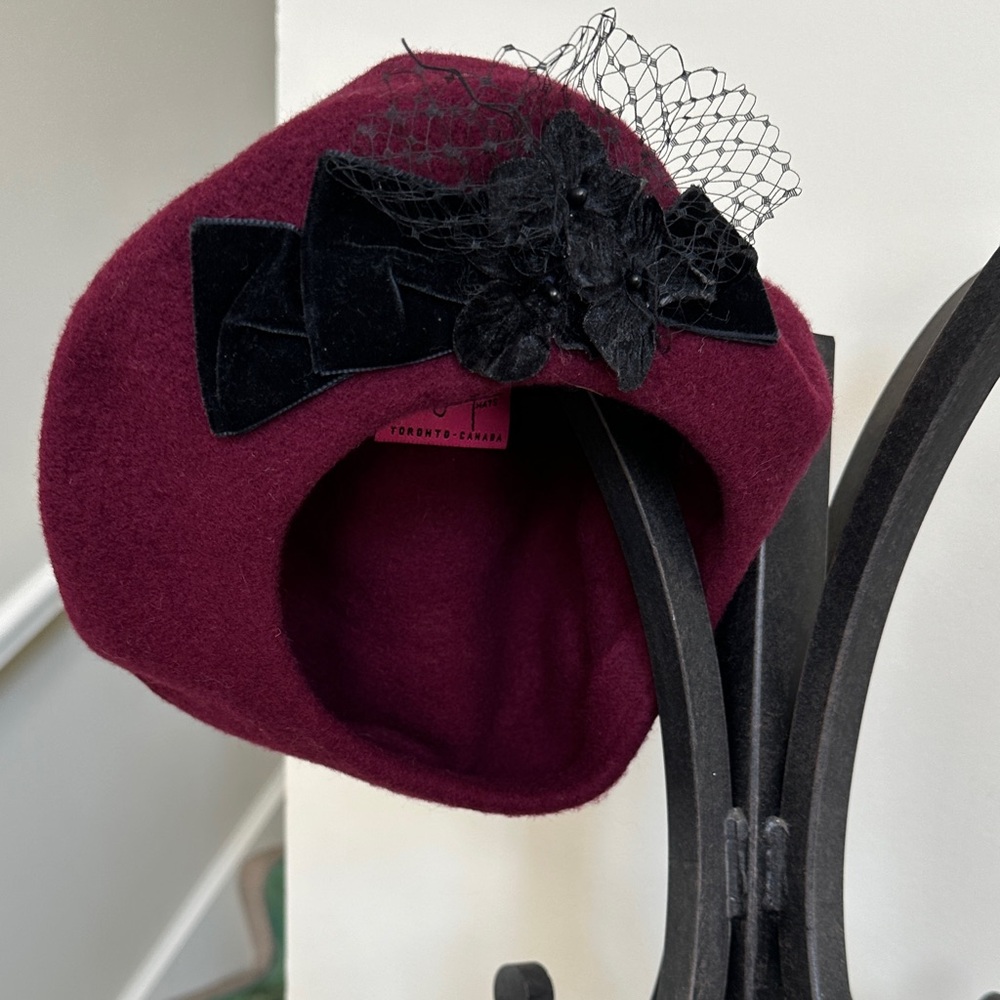 Elegant Lillipet Raspberry  Beret with Black Flowers and Tulle decoration